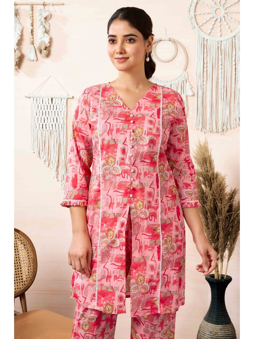 Peach Floral Printed Pure Cotton Co-ord Set - Image 4