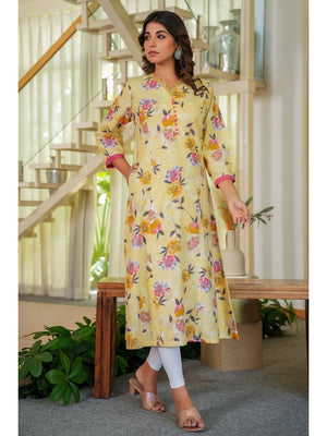 Pure Cotton Yellow Kurti with Feminine Floral Prints and Straight Cut Design - Image 1