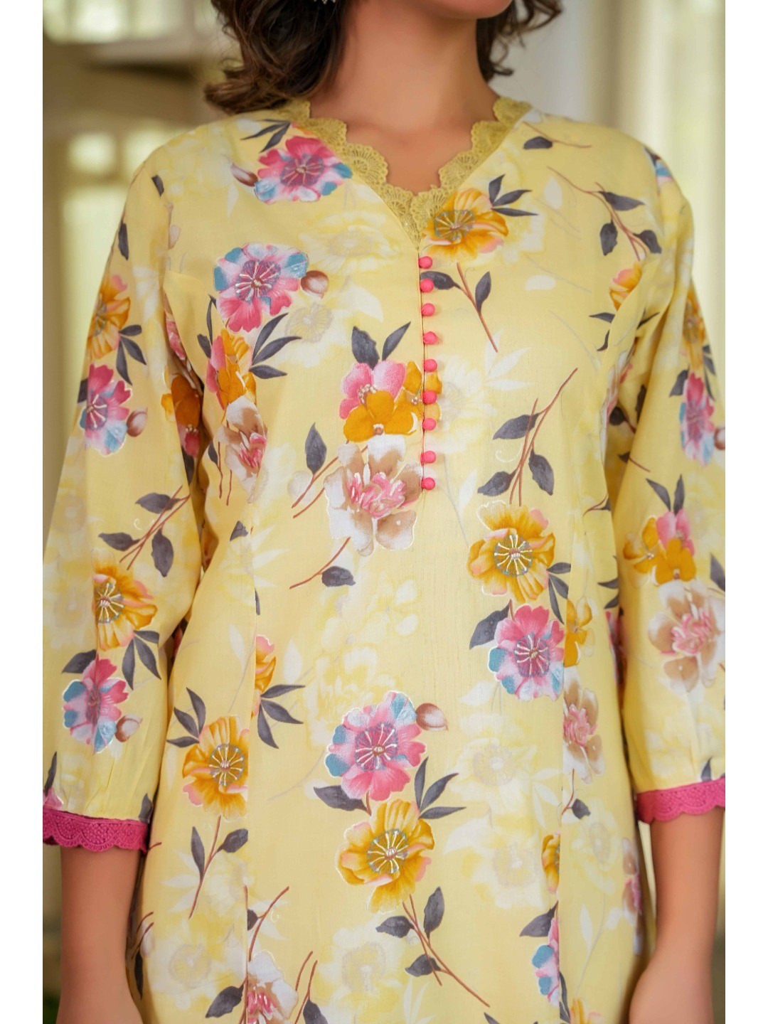 Pure Cotton Yellow Kurti with Feminine Floral Prints and Straight Cut Design - Image 3