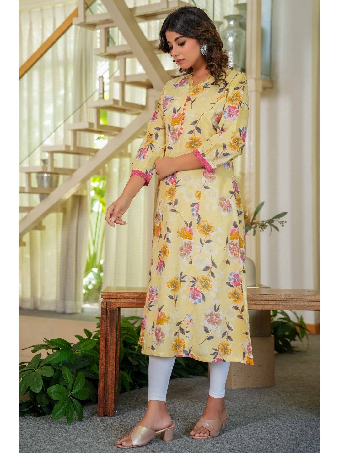 Pure Cotton Yellow Kurti with Feminine Floral Prints and Straight Cut Design - Image 6