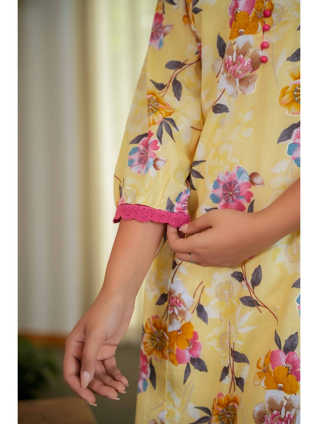 Pure Cotton Yellow Kurti with Feminine Floral Prints and Straight Cut Design - Image 5