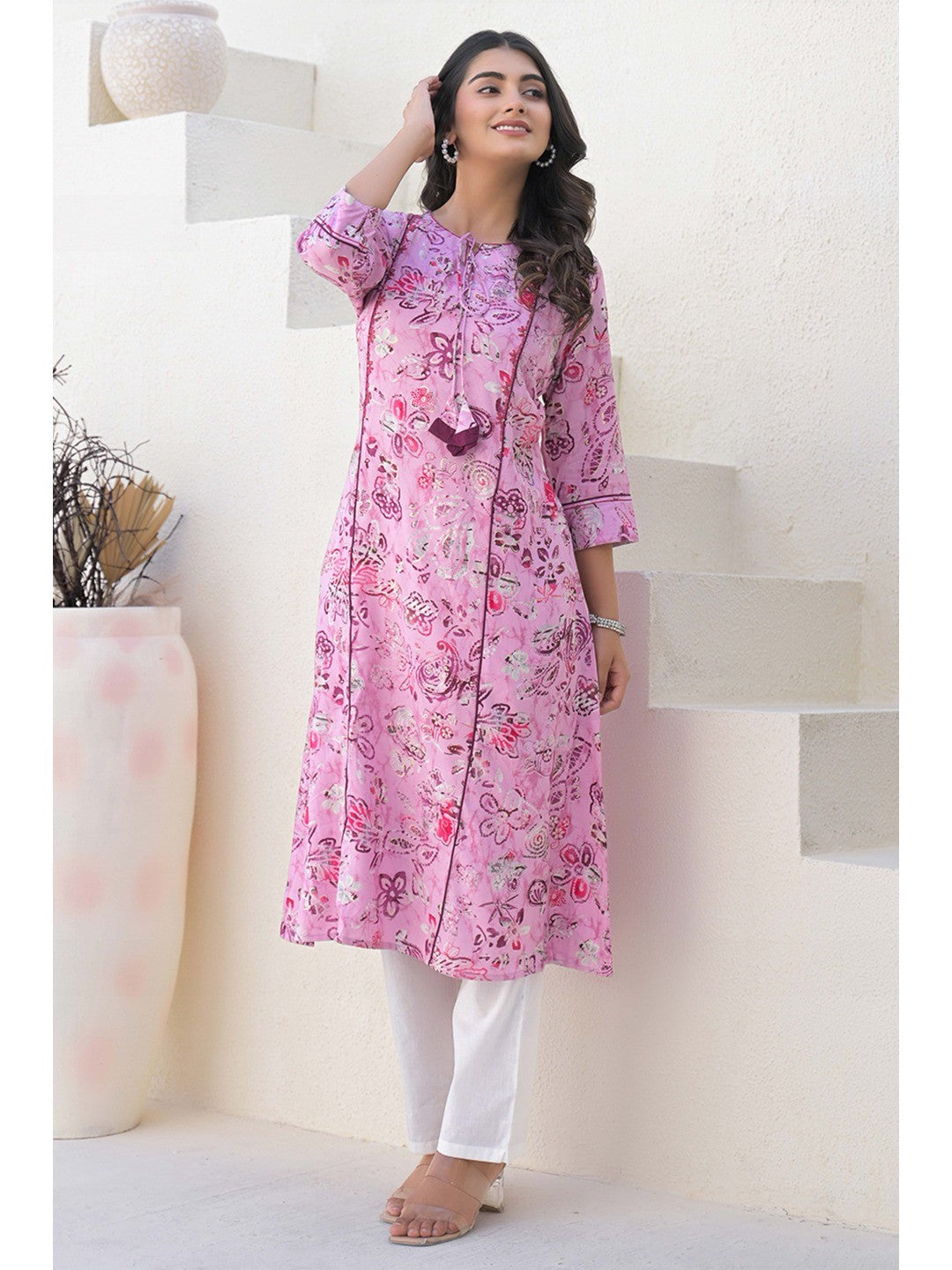 Light Purple Floral Printed Rayon A-Line Cut Kurti - Image 4