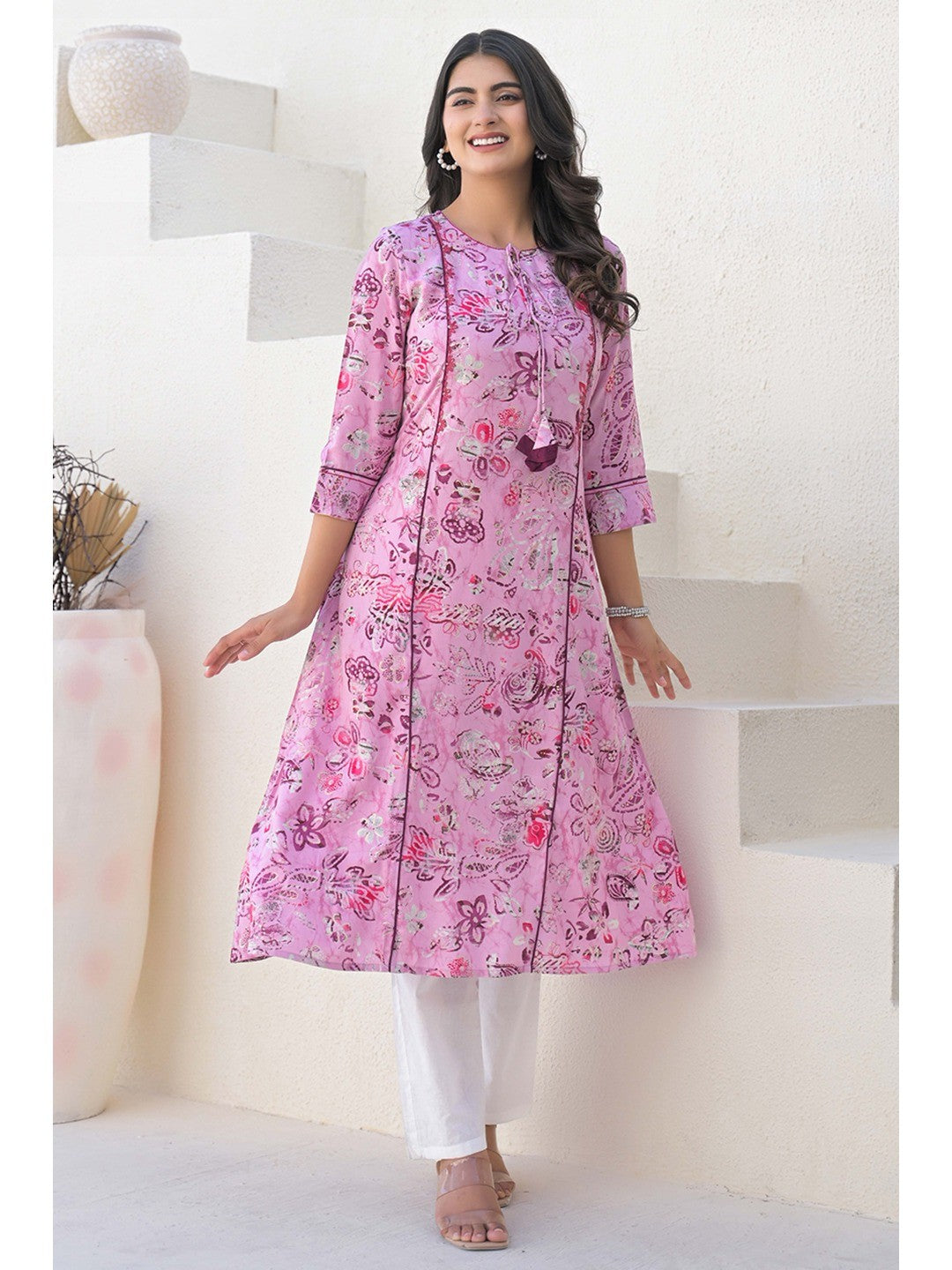 Light Purple Floral Printed Rayon A-Line Cut Kurti - Image 3