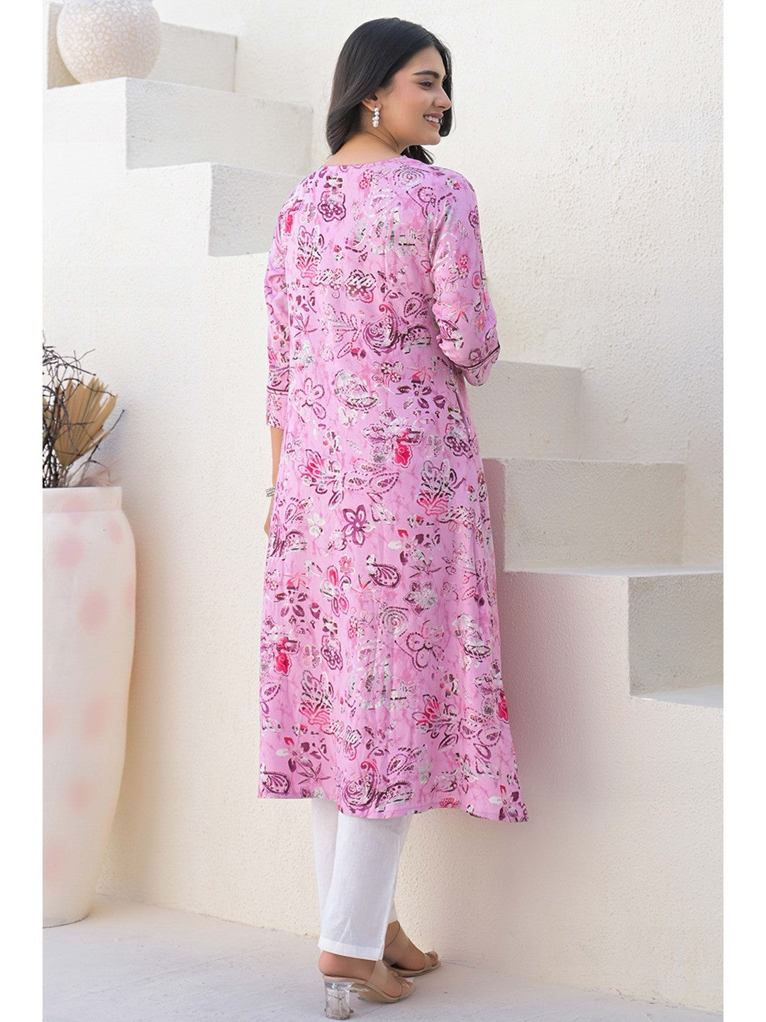 Light Purple Floral Printed Rayon A-Line Cut Kurti - Image 6