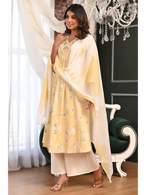 Powder Yellow Floral Printed A-Line Salwar Suit in Lightweight Pure Cotton Fabric - Image 2