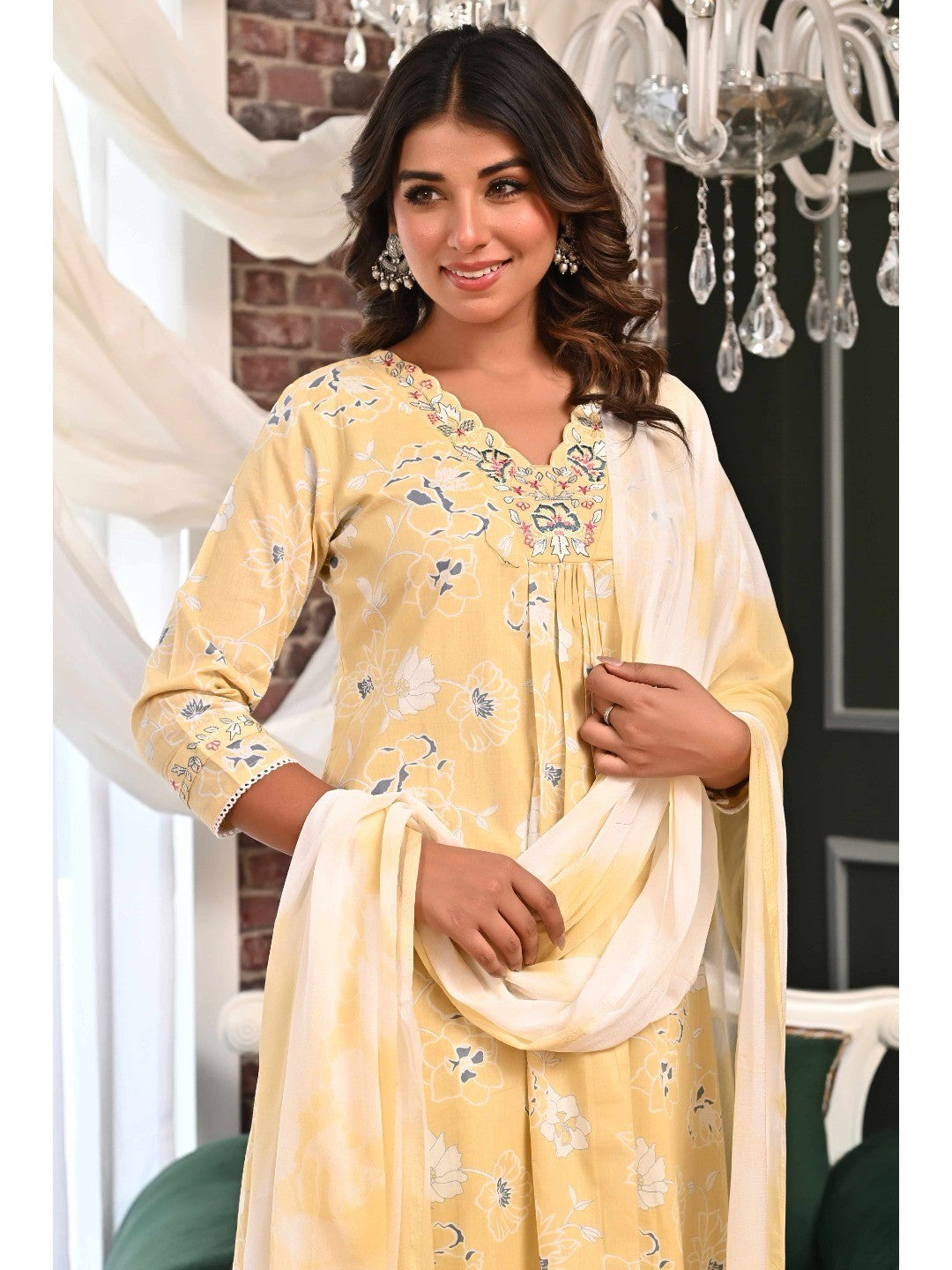Powder Yellow Floral Printed A-Line Salwar Suit in Lightweight Pure Cotton Fabric - Image 9