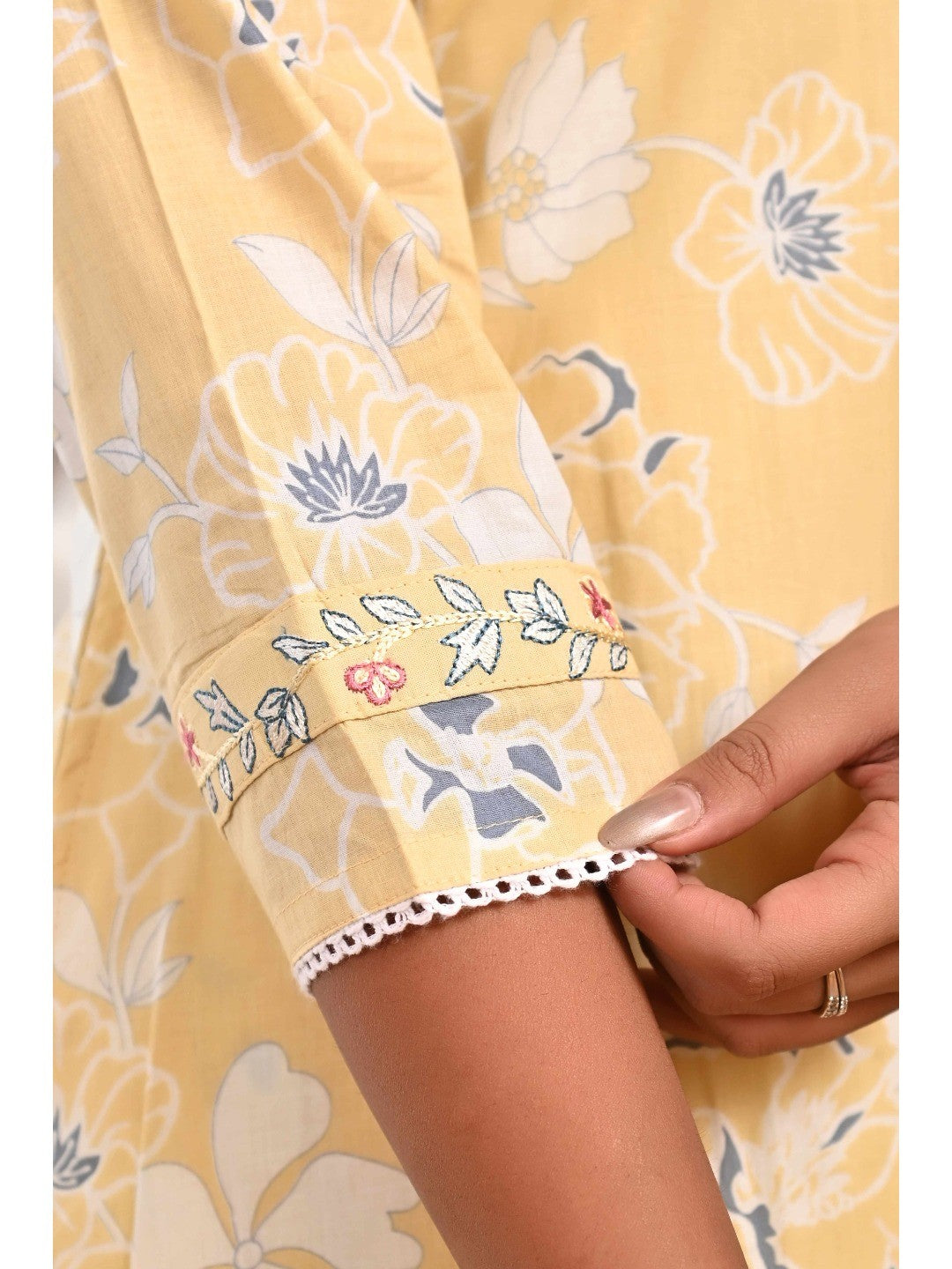 Powder Yellow Floral Printed A-Line Salwar Suit in Lightweight Pure Cotton Fabric - Image 4
