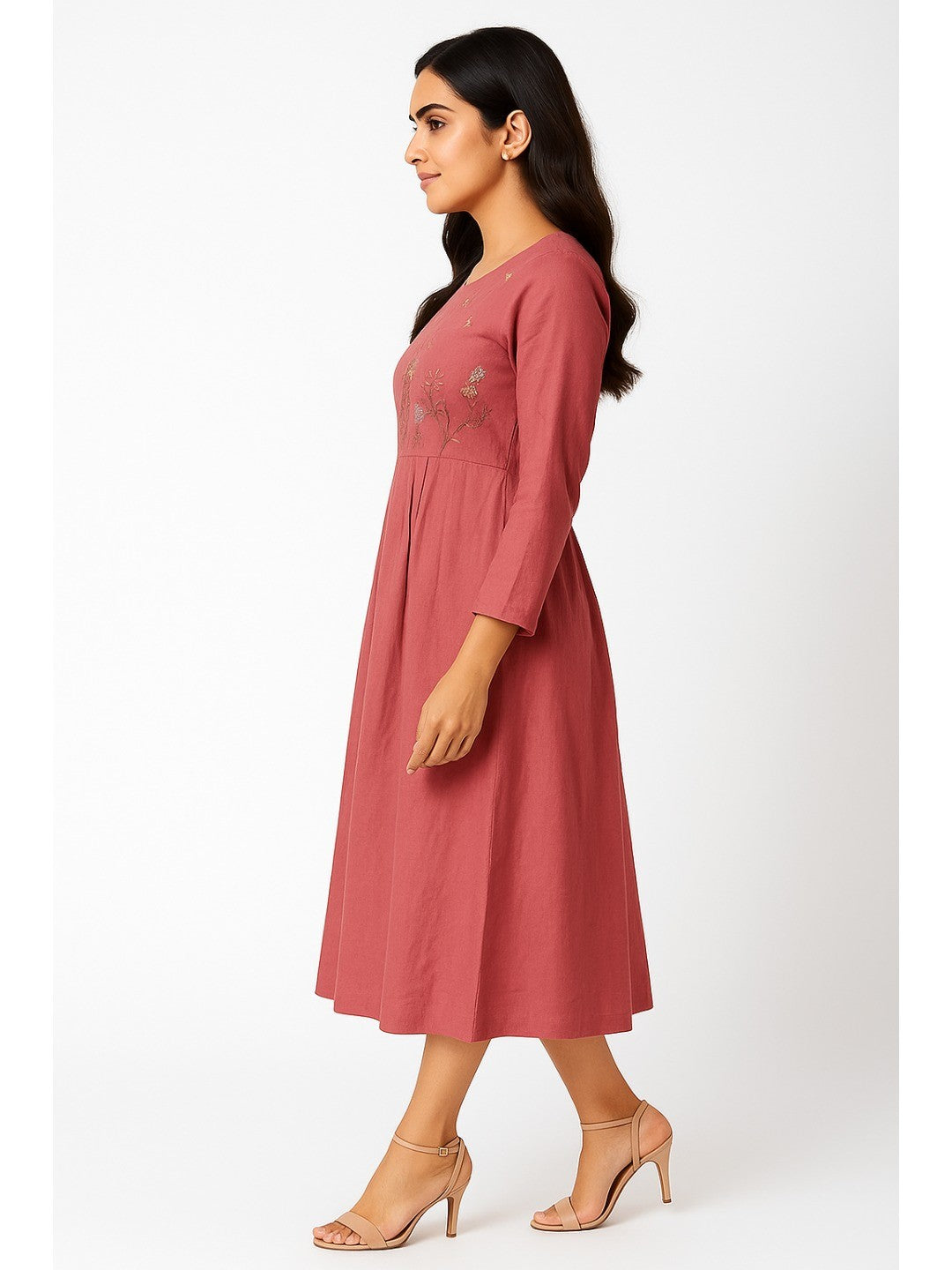 Peach Floral Thread Embroidered Pure Cotton Maxi Dress in Soft Cambric Fabric - Image 4