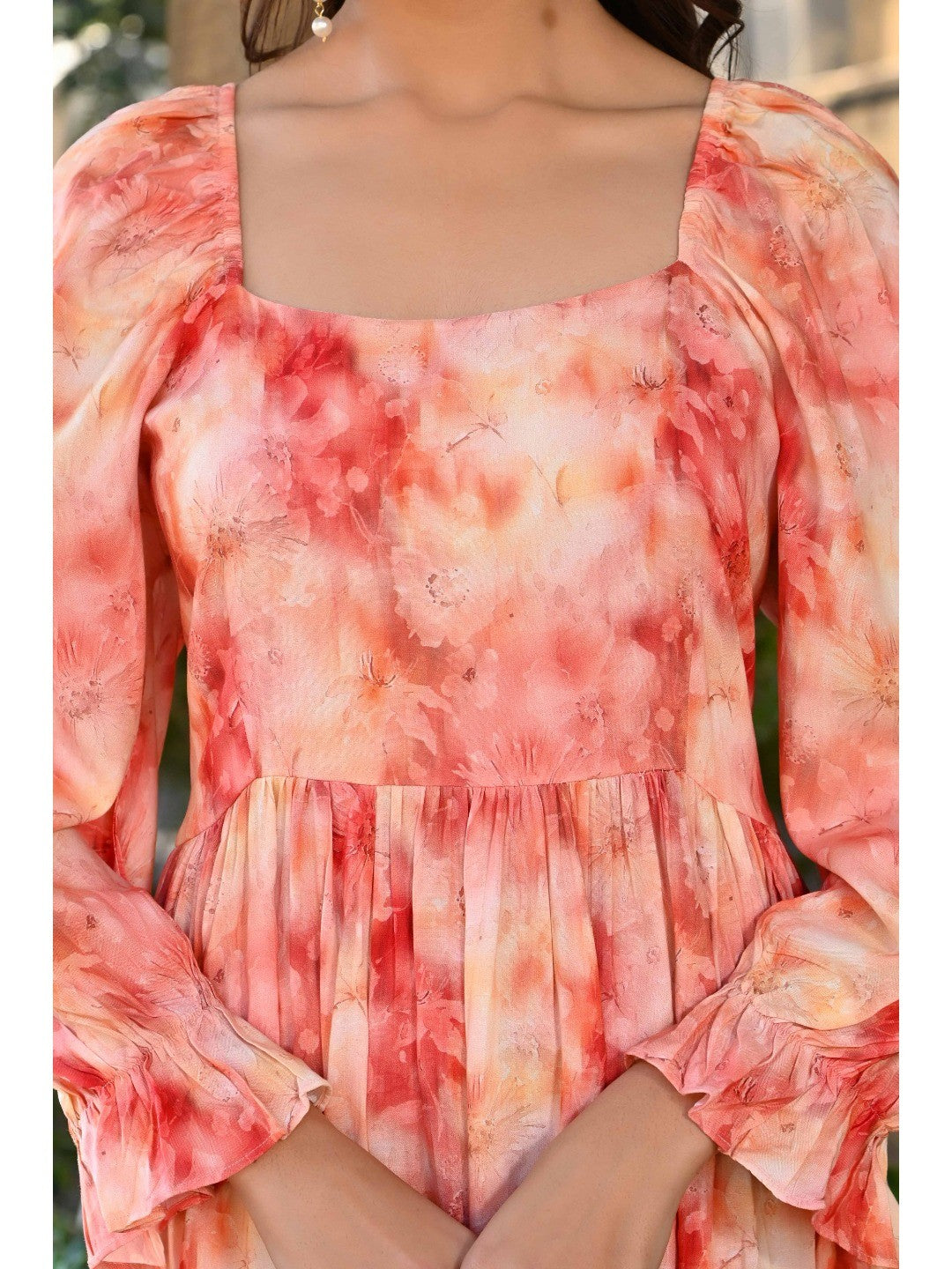 Peach Floral Printed Rayon Maxi Dress - Image 9