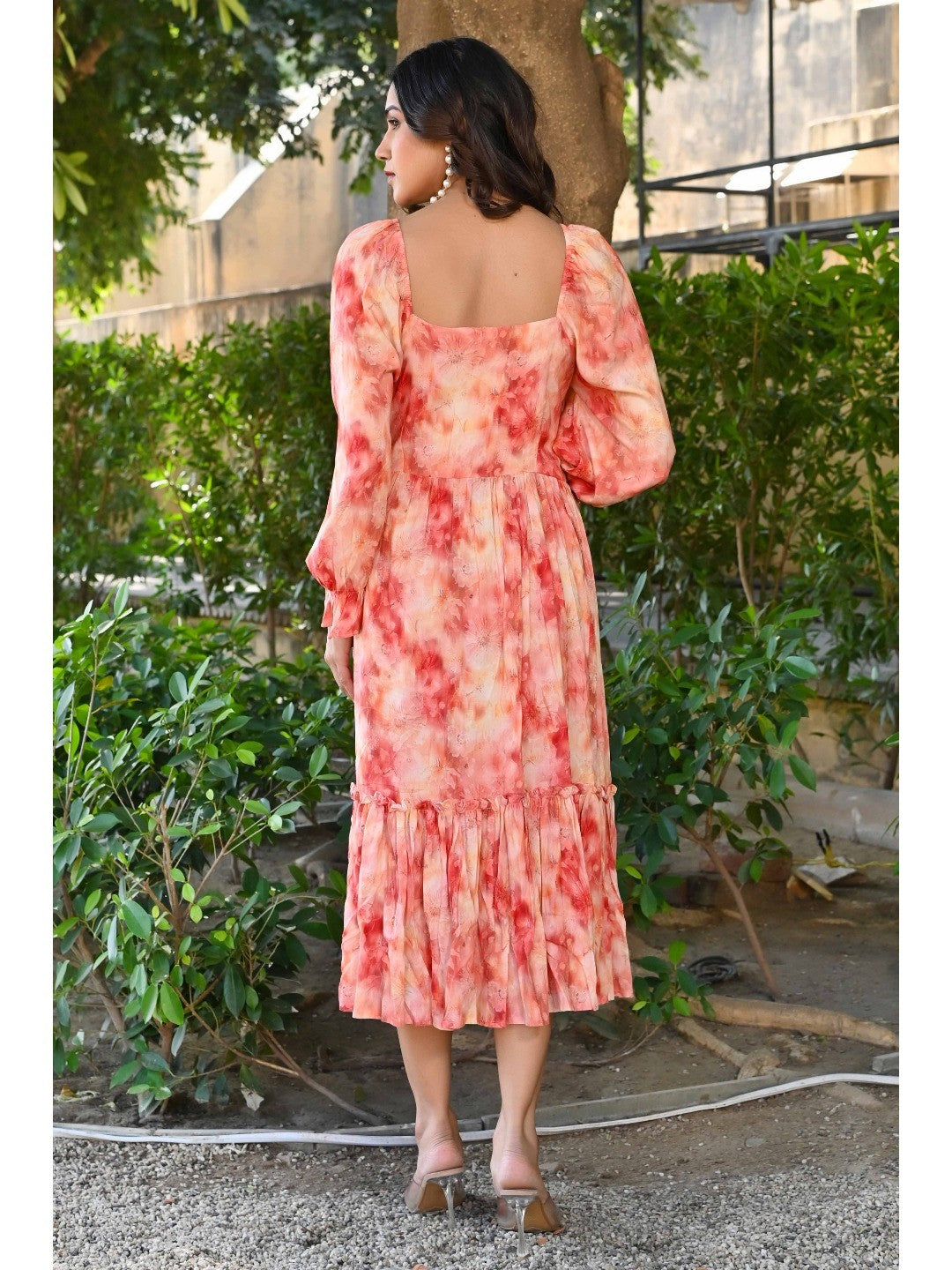 Peach Floral Printed Rayon Maxi Dress - Image 4