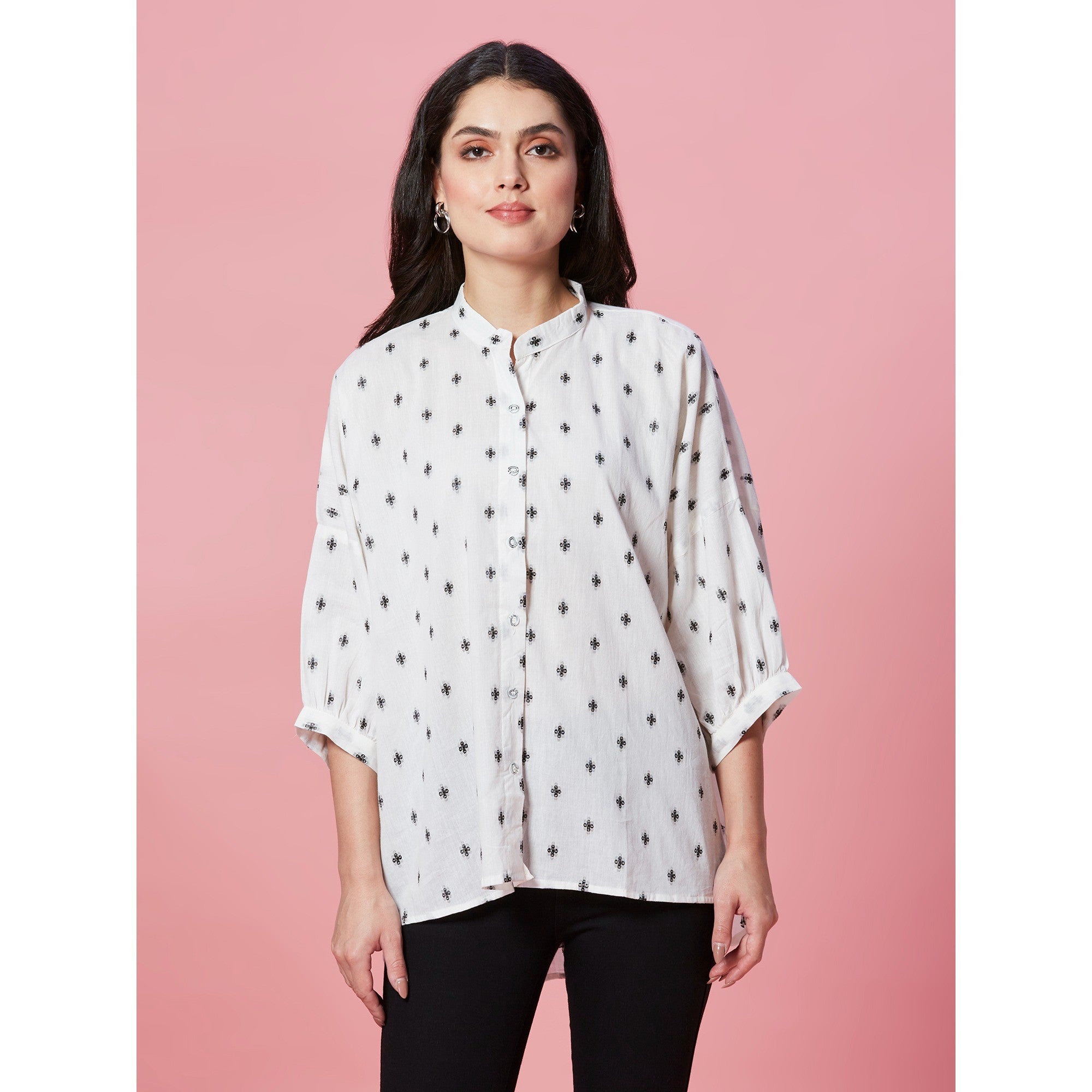 White Jacquard Butti Woven Pure Cotton Kimono Top - Image 1