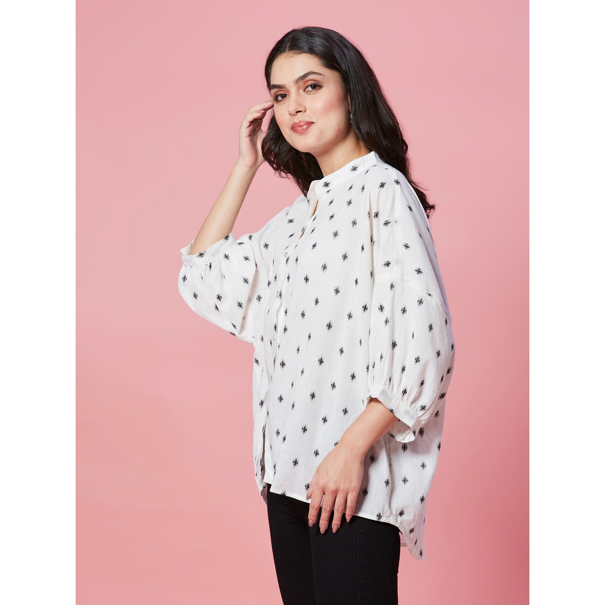 White Jacquard Butti Woven Pure Cotton Kimono Top - Image 3
