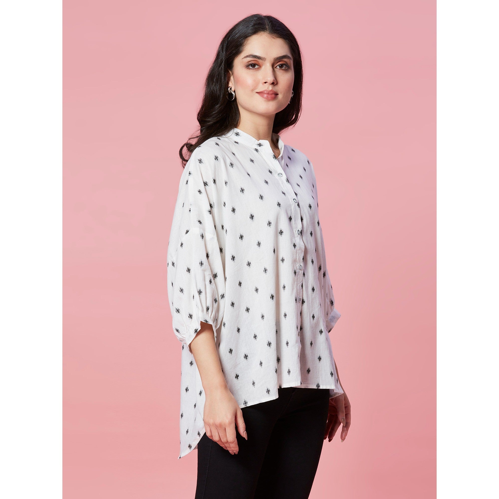 White Jacquard Butti Woven Pure Cotton Kimono Top - Image 4