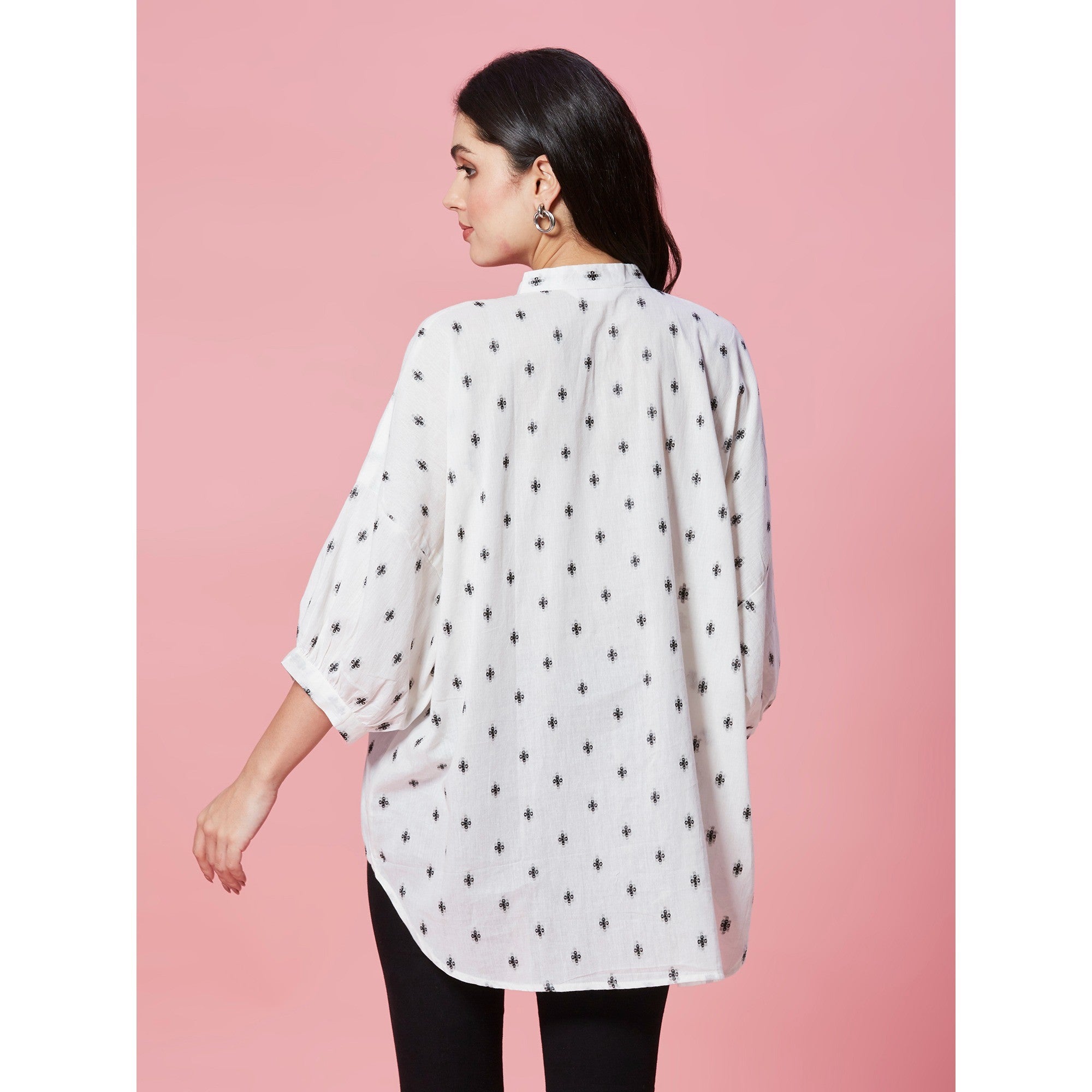 White Jacquard Butti Woven Pure Cotton Kimono Top - Image 2