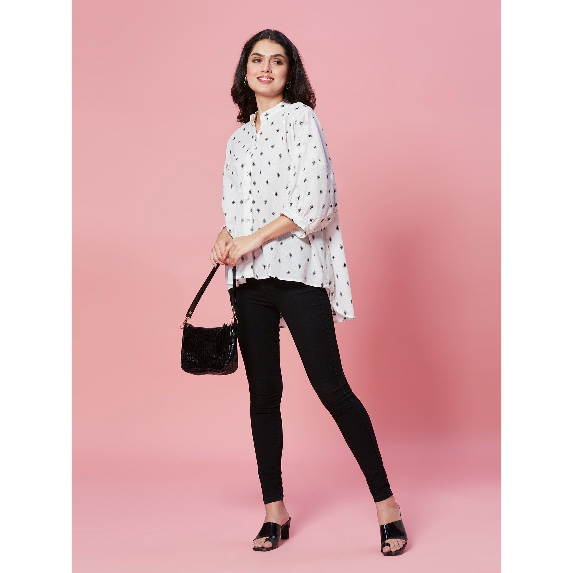 White Jacquard Butti Woven Pure Cotton Kimono Top - Image 3