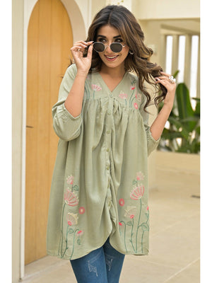 Sage Green Floral Embroidered Viscose Top - Image 1