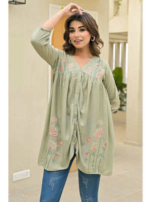 Sage Green Floral Embroidered Viscose Top - Image 2