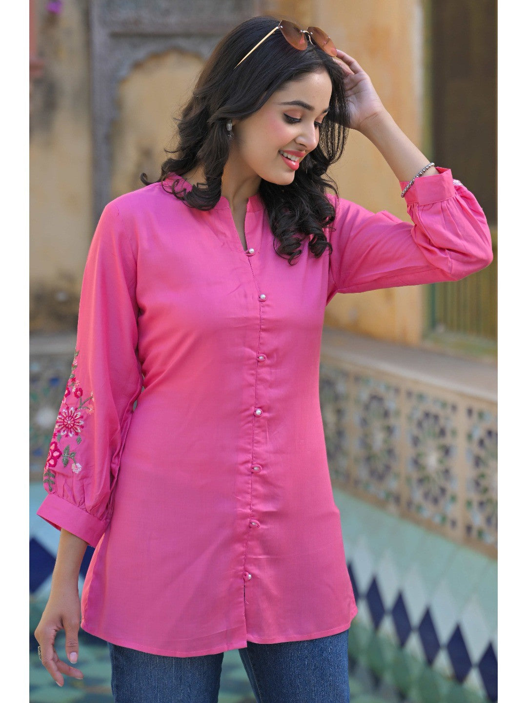 Pink Floral Embroidered Rayon Straight Top - Image 3