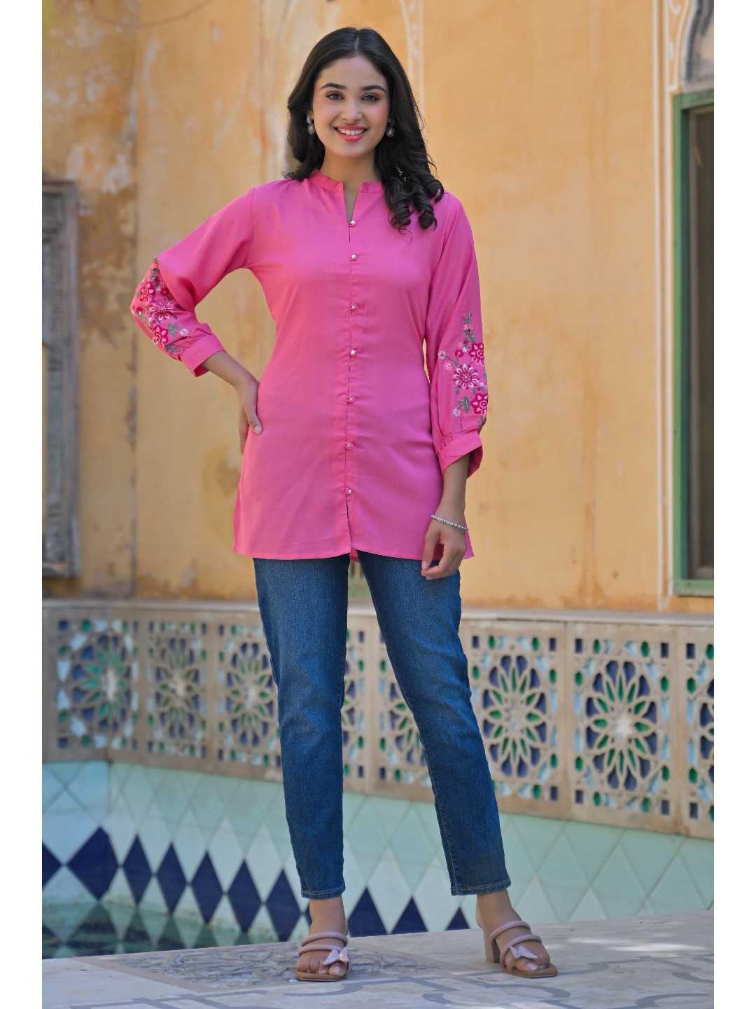 Pink Floral Embroidered Rayon Straight Top - Image 7