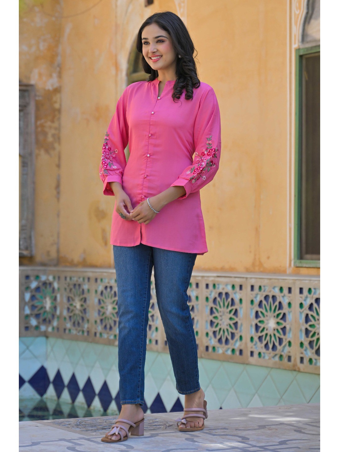 Pink Floral Embroidered Rayon Straight Top - Image 4