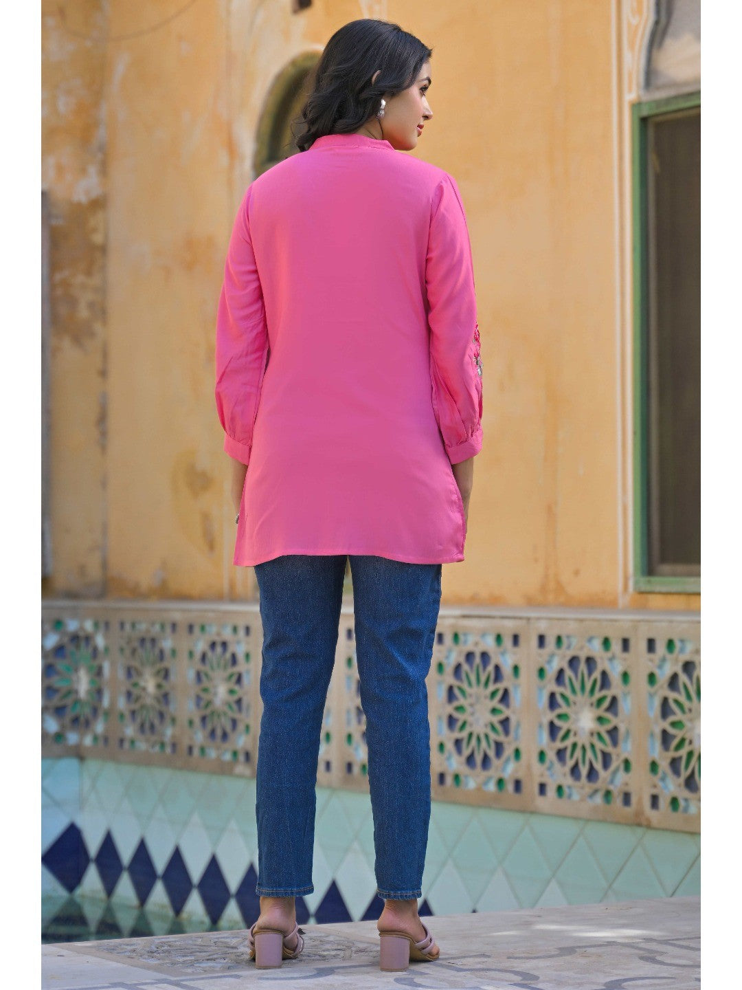Pink Floral Embroidered Rayon Straight Top - Image 9