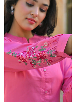 Pink Floral Embroidered Rayon Straight Top - Image 2