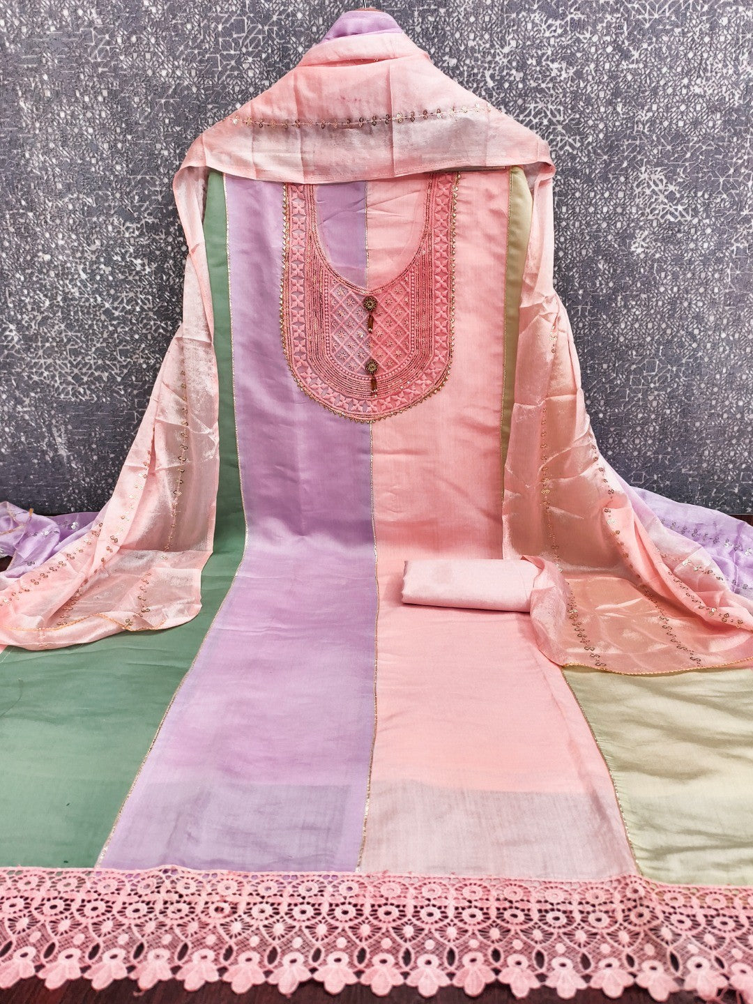 Peach Silk Blend Dress Material with Embroidered Neck and Detailed Craft Finish - Image 4