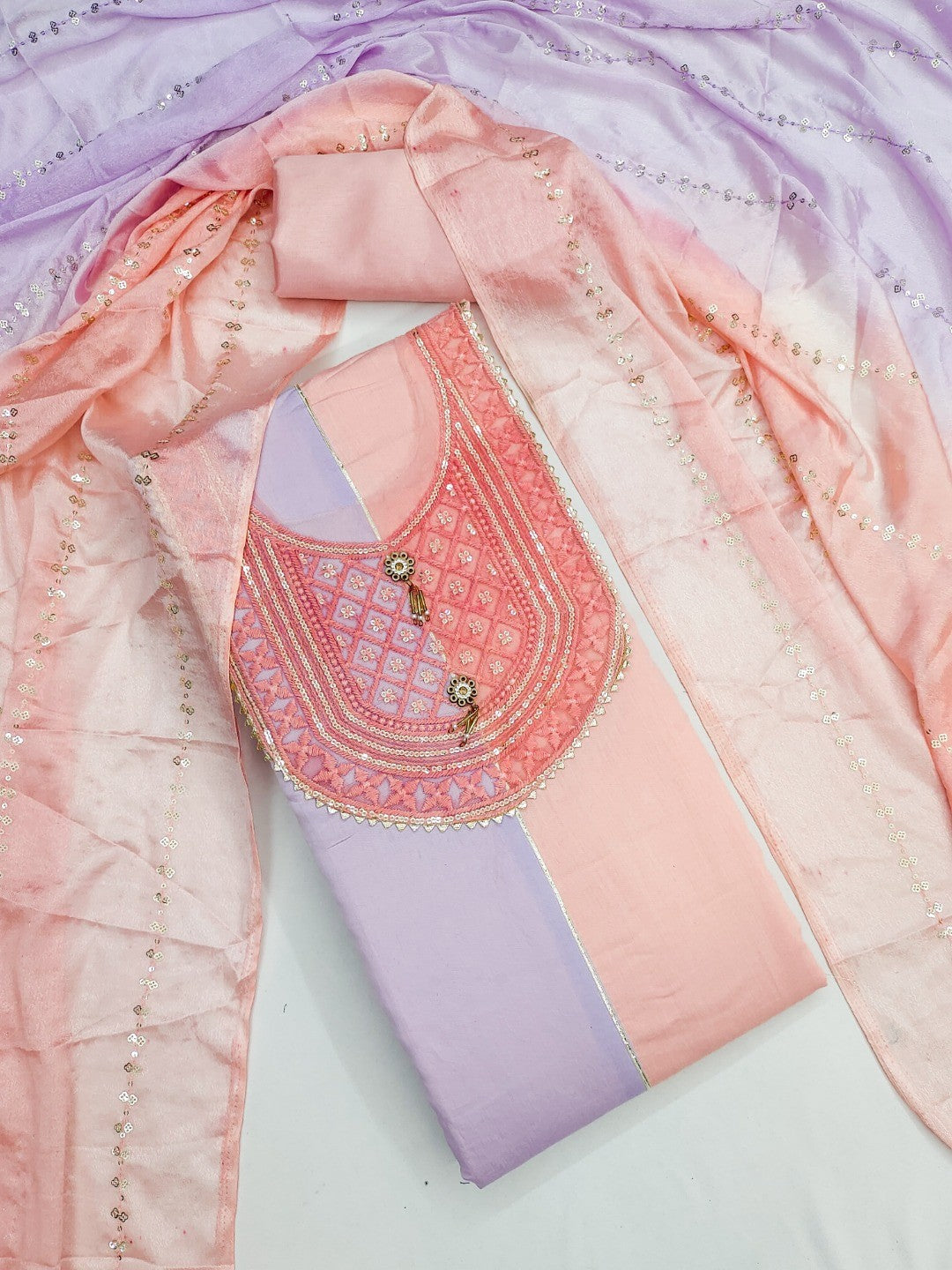 Peach Silk Blend Dress Material with Embroidered Neck and Detailed Craft Finish - Image 1