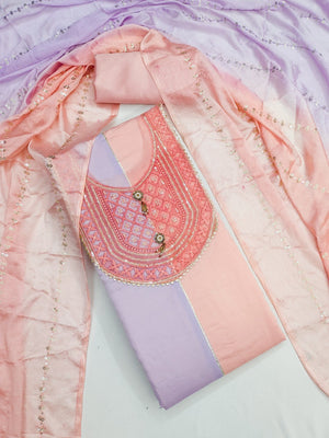 Peach Silk Blend Dress Material with Embroidered Neck and Detailed Craft Finish - Image 2