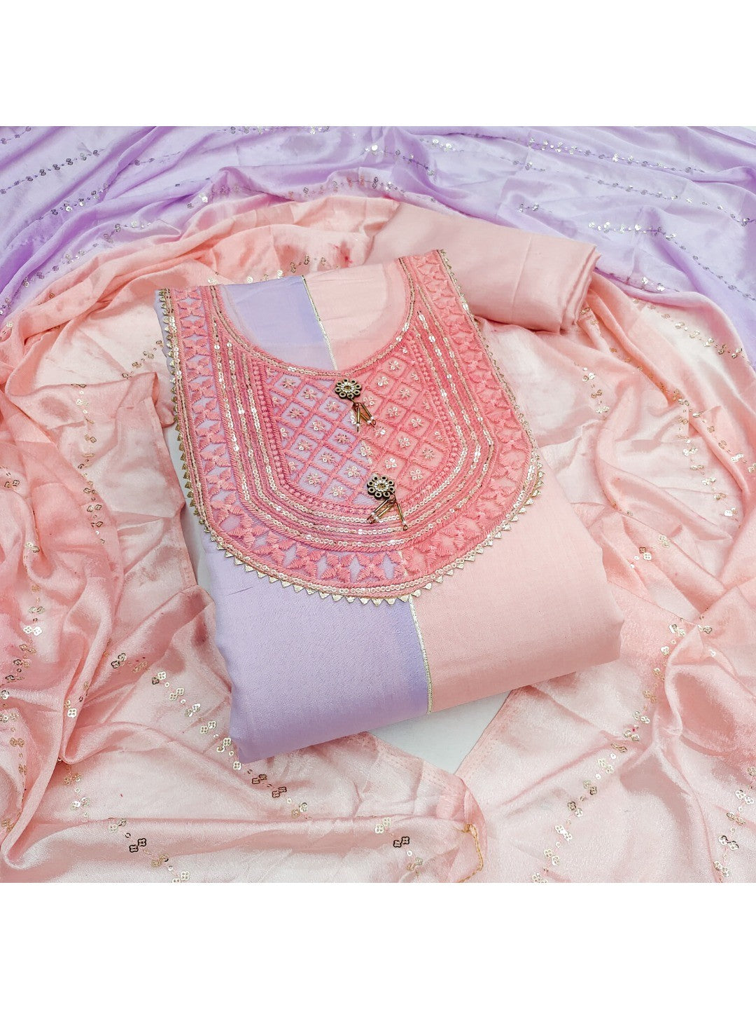 Peach Silk Blend Dress Material with Embroidered Neck and Detailed Craft Finish - Image 3