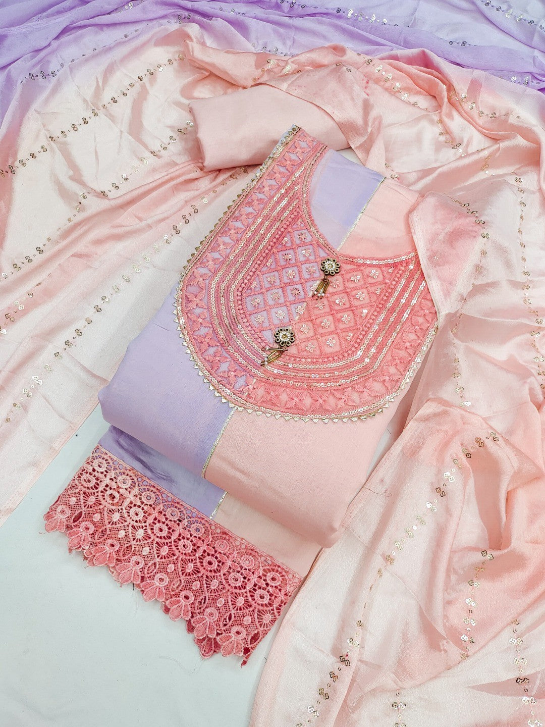 Peach Silk Blend Dress Material with Embroidered Neck and Detailed Craft Finish - Image 1