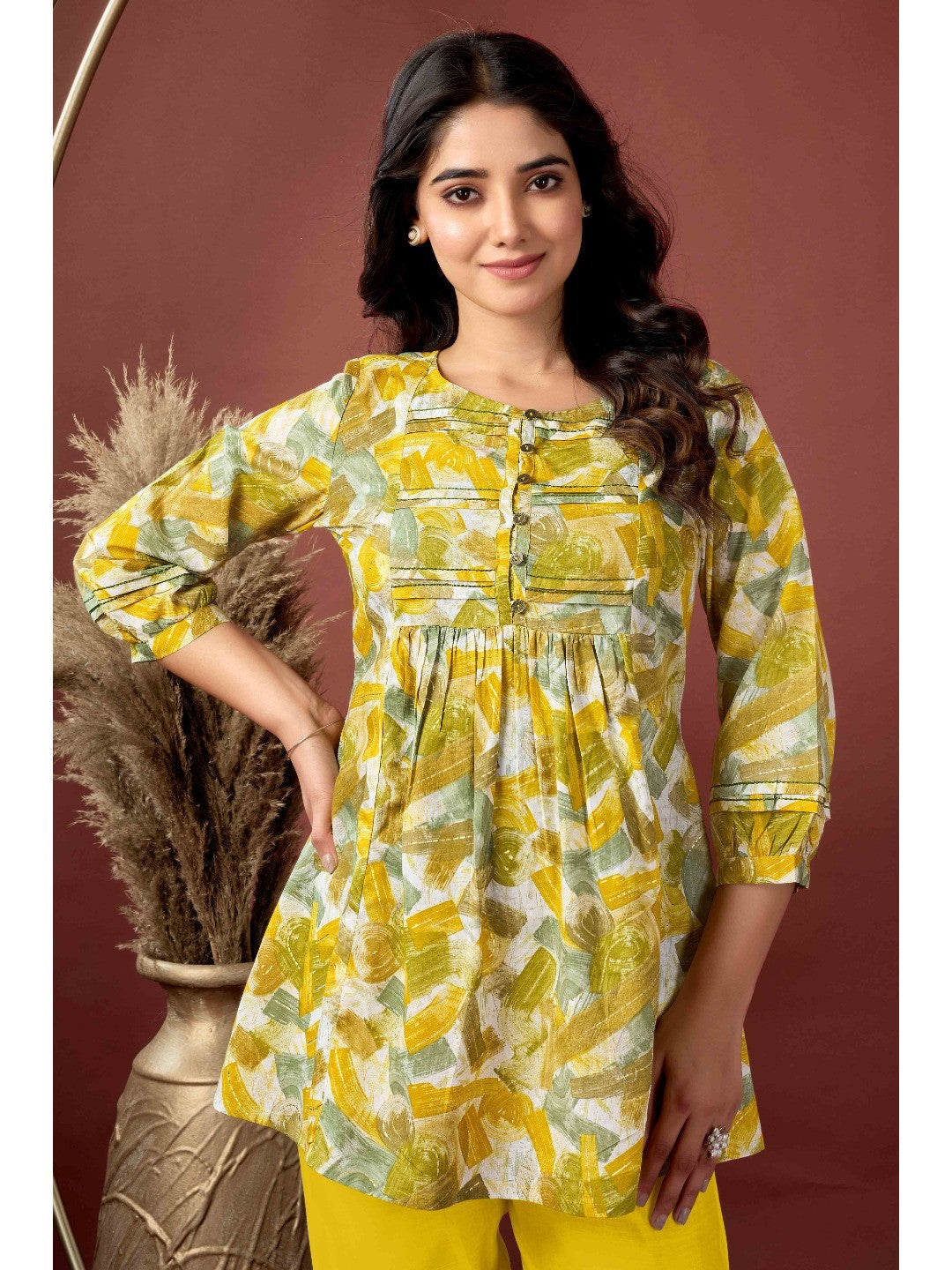 Mustard Abstract Printed Pure Cotton A-Line Top - Image 6