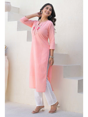 Peach Cotton Straight Kurti with Delicate Neck Embroidery - Image 1