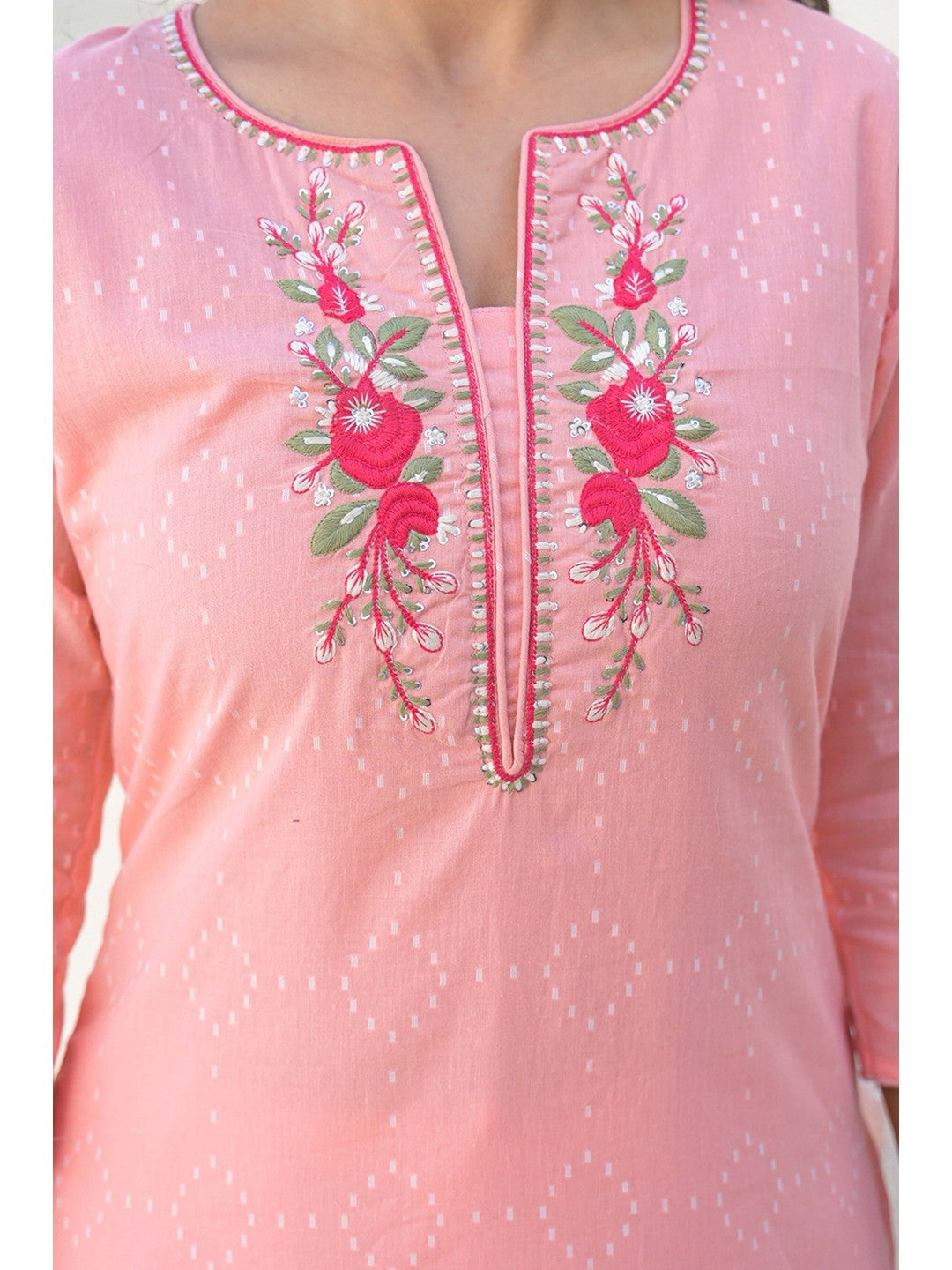 Peach Cotton Straight Kurti with Delicate Neck Embroidery - Image 2