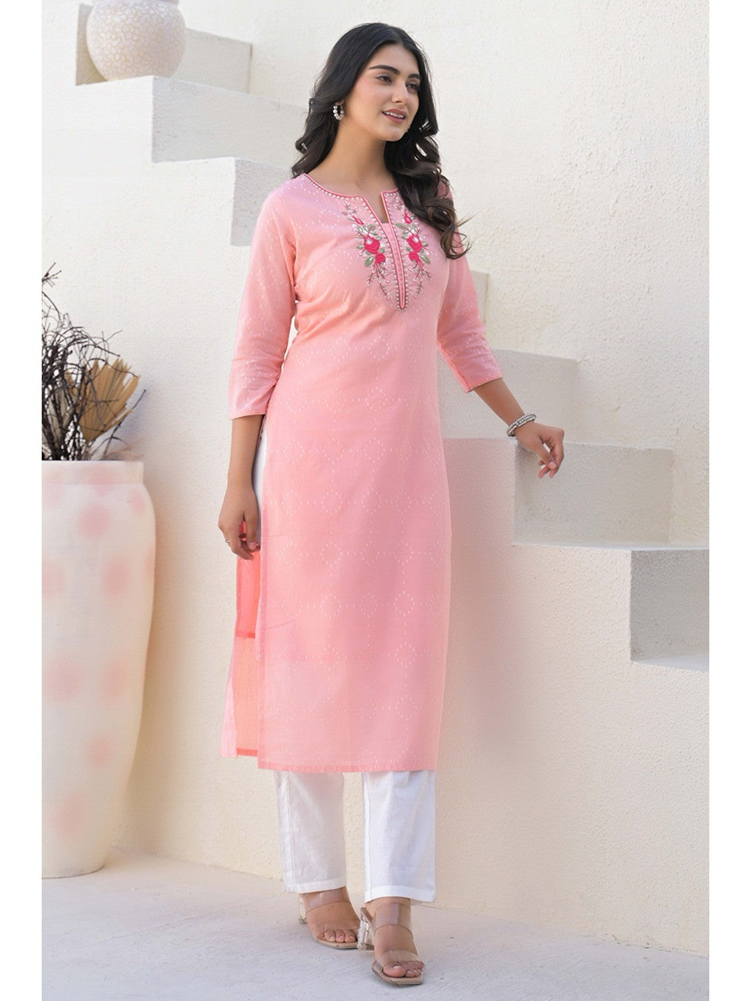 Peach Cotton Straight Kurti with Delicate Neck Embroidery - Image 7