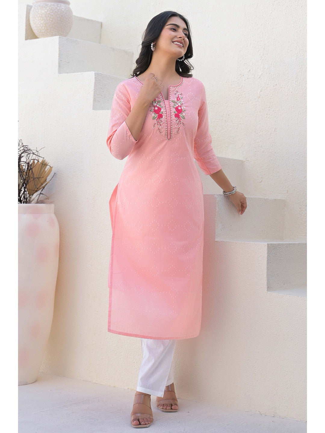 Peach Cotton Straight Kurti with Delicate Neck Embroidery - Image 8