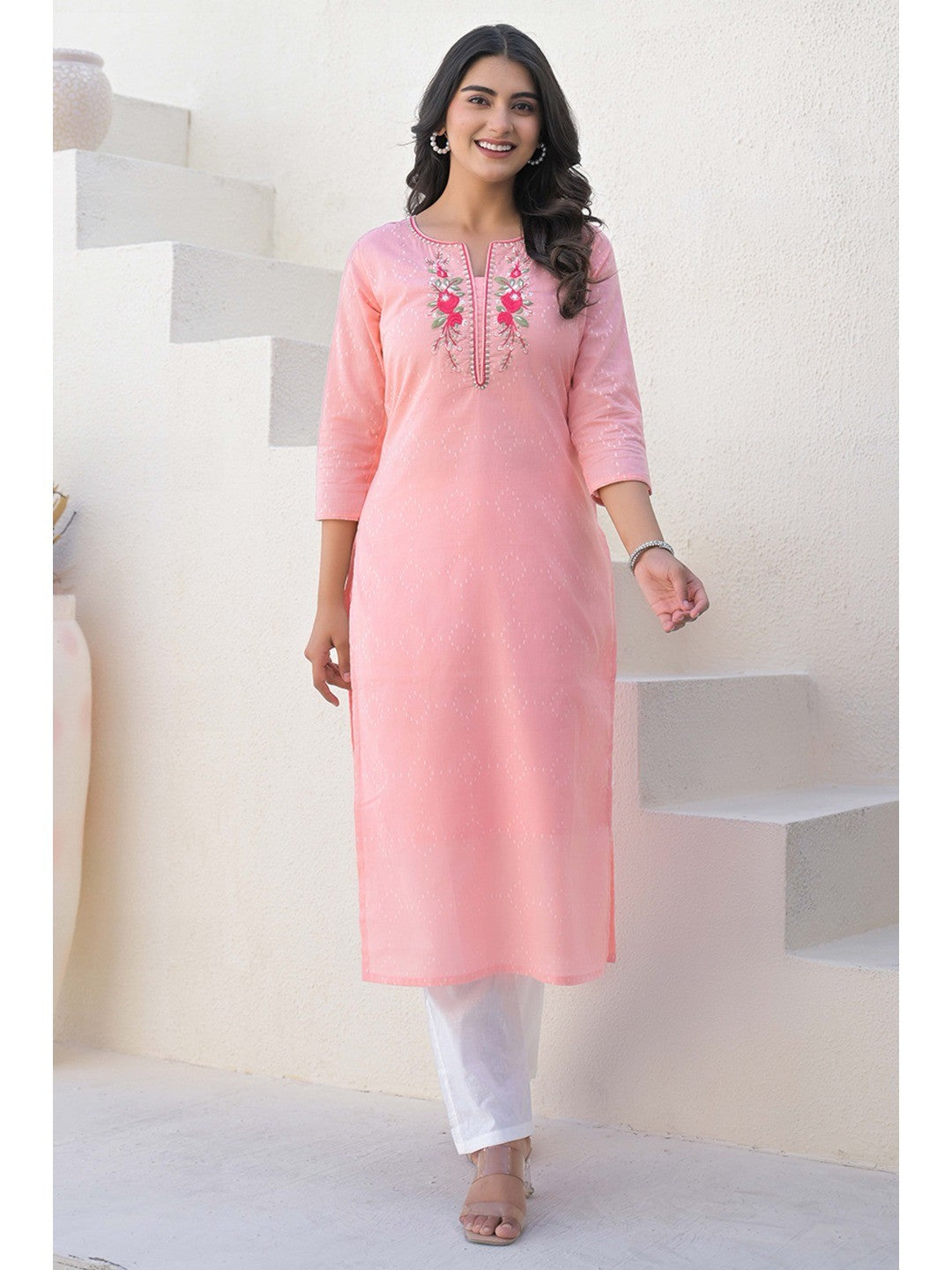 Peach Cotton Straight Kurti with Delicate Neck Embroidery - Image 4