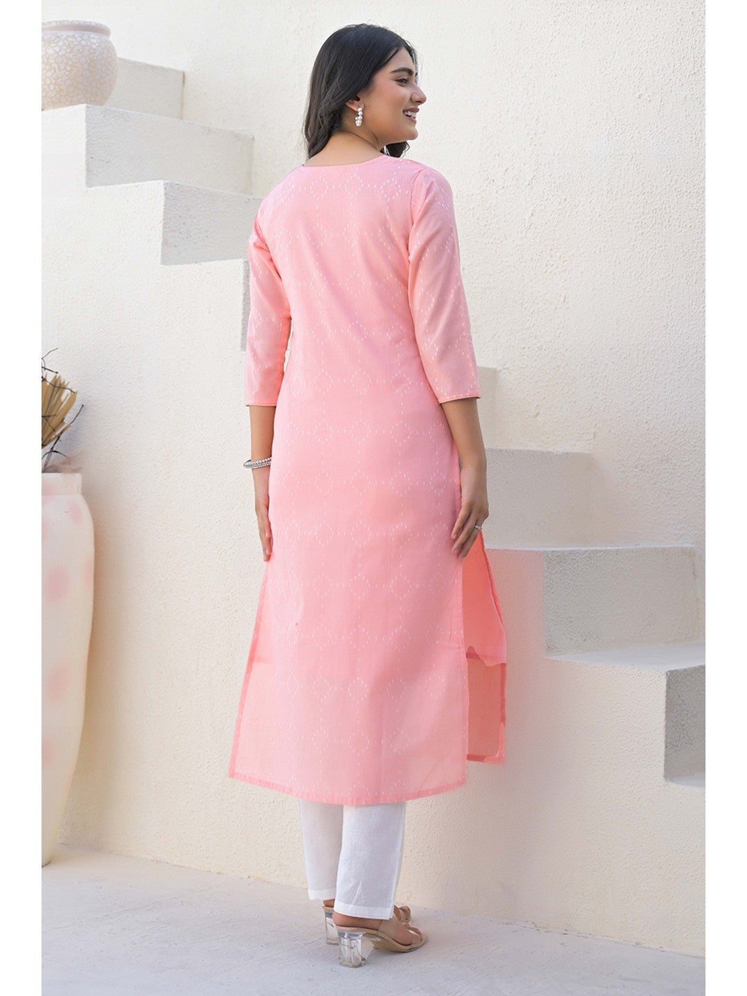 Peach Cotton Straight Kurti with Delicate Neck Embroidery - Image 9