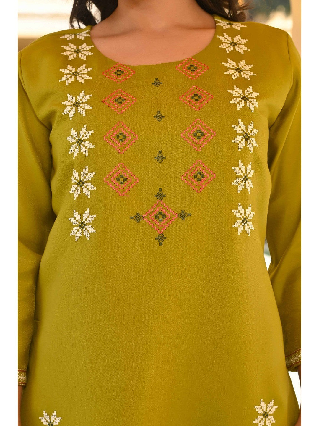 Olive Floral Embroidered Viscose Straight Kurti - Image 2