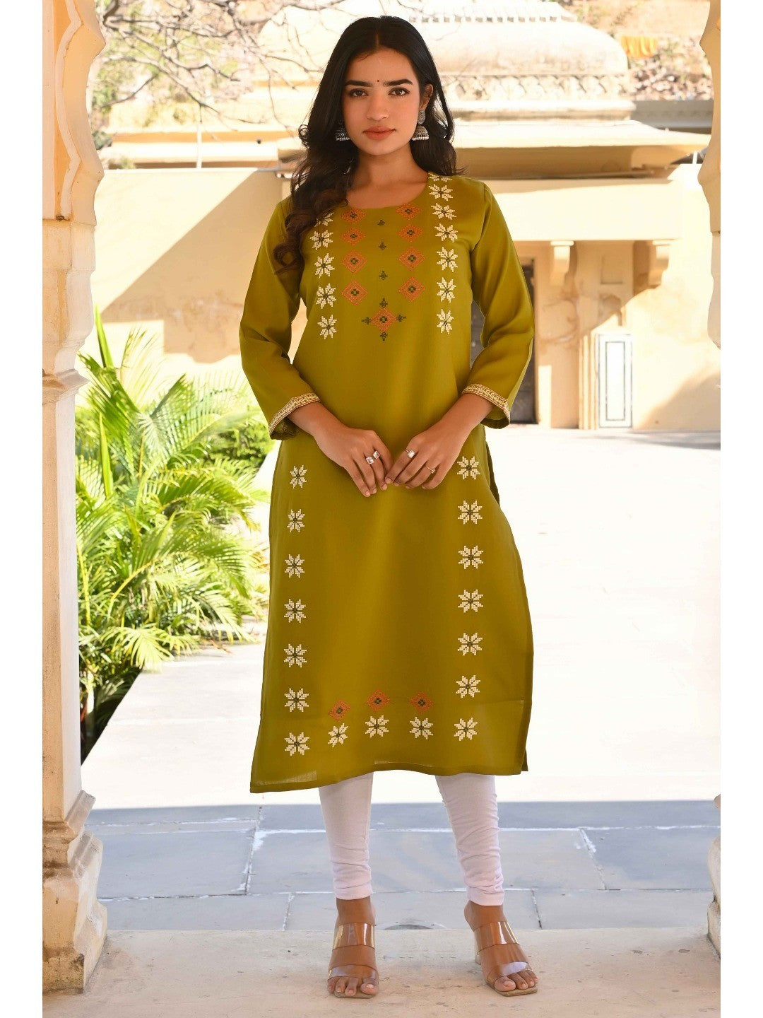 Olive Floral Embroidered Viscose Straight Kurti - Image 3
