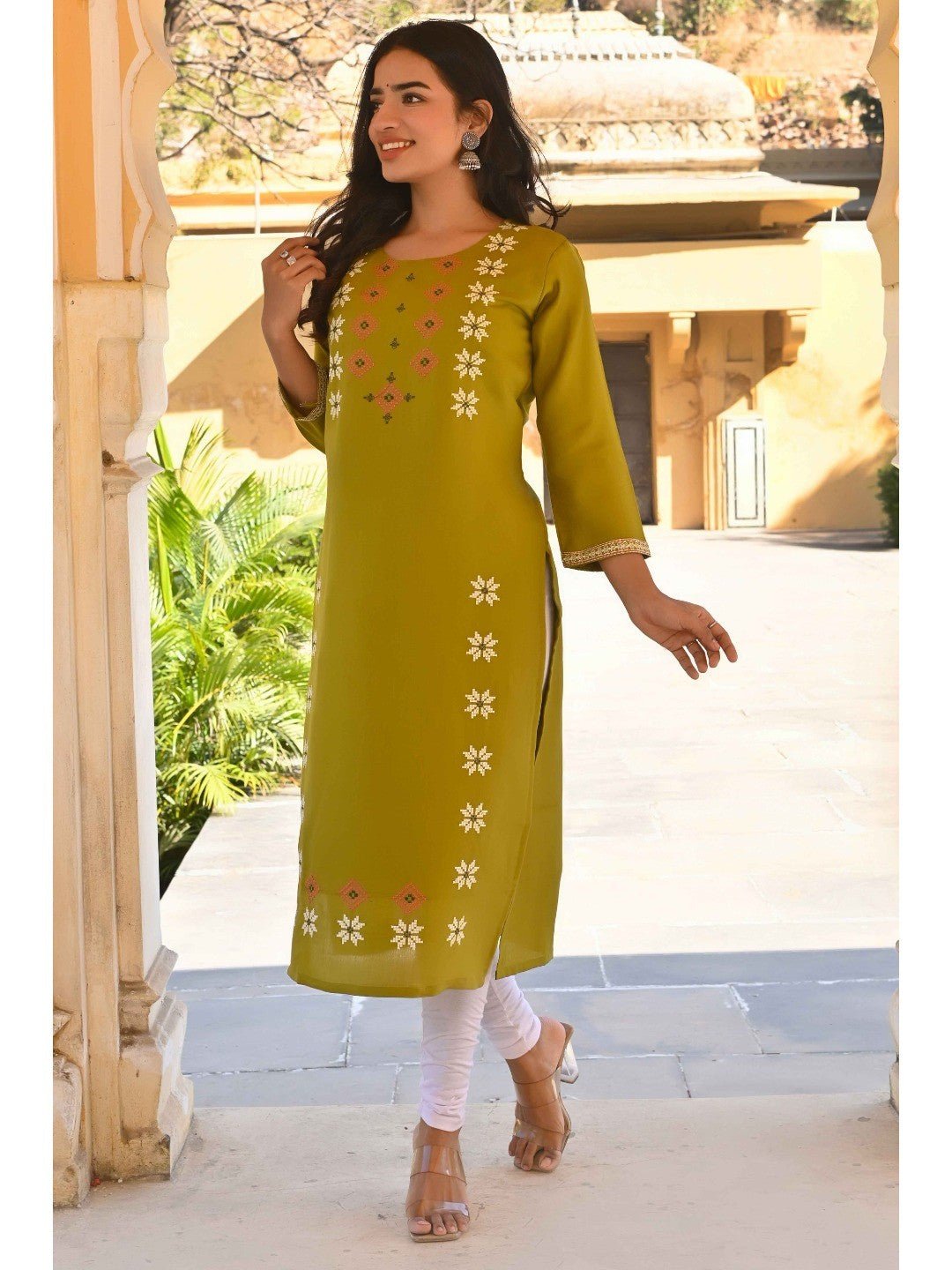 Olive Floral Embroidered Viscose Straight Kurti - Image 7