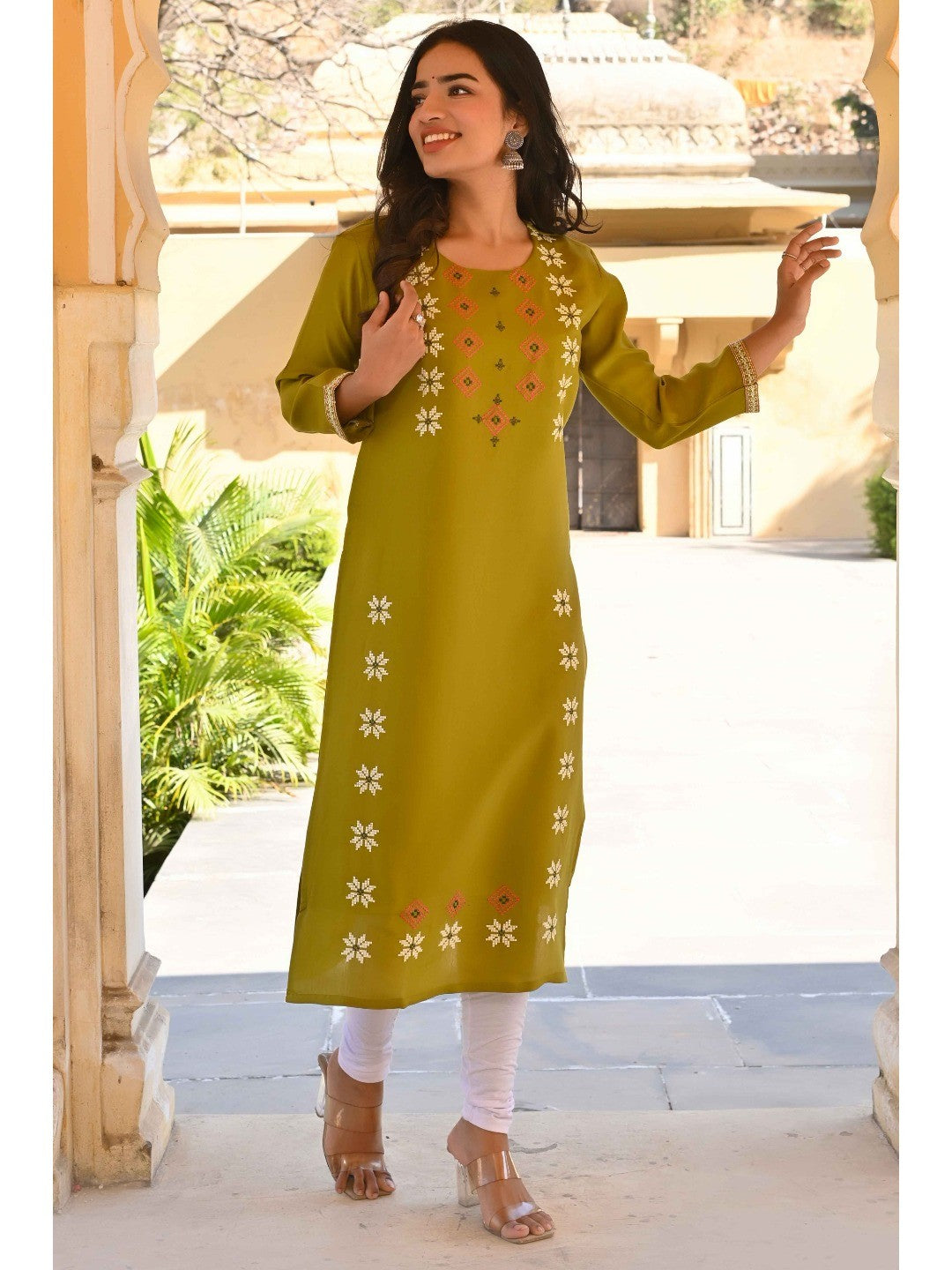 Olive Floral Embroidered Viscose Straight Kurti - Image 1