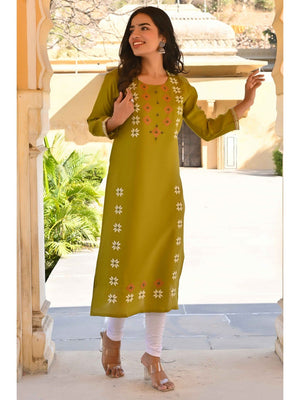 Olive Floral Embroidered Viscose Straight Kurti - Image 1
