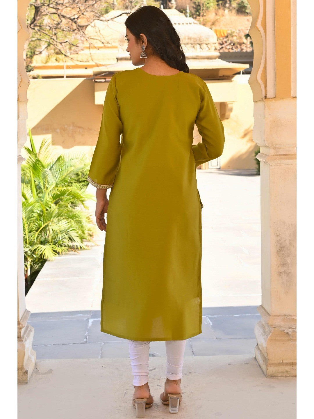 Olive Floral Embroidered Viscose Straight Kurti - Image 5