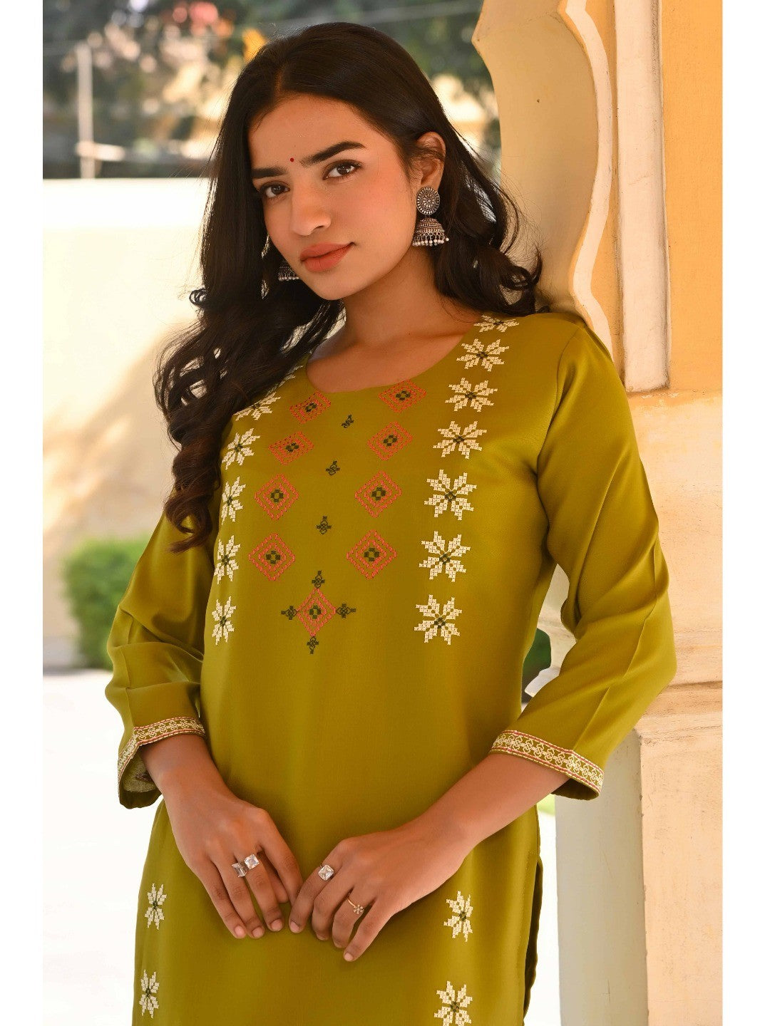 Olive Floral Embroidered Viscose Straight Kurti - Image 6