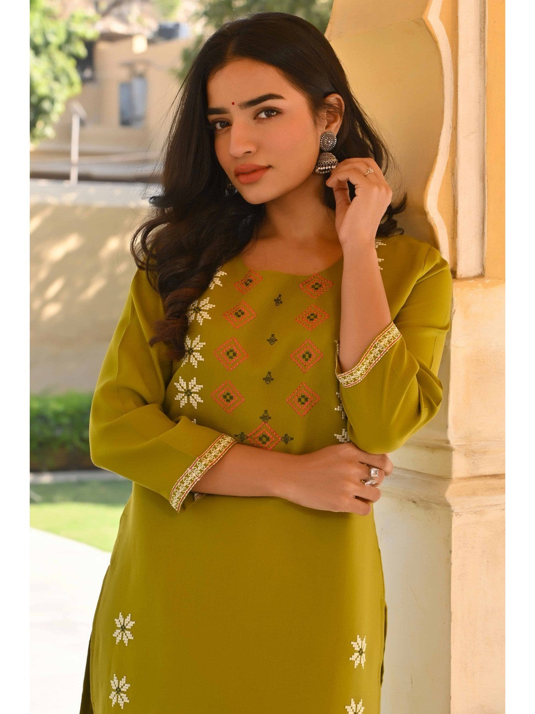 Olive Floral Embroidered Viscose Straight Kurti - Image 4