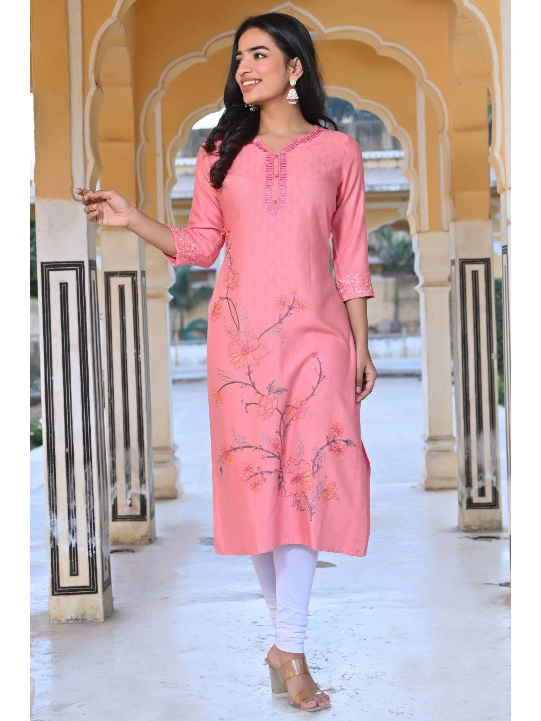 Peach Floral Embroidered Rayon Straight Kurti - Image 7