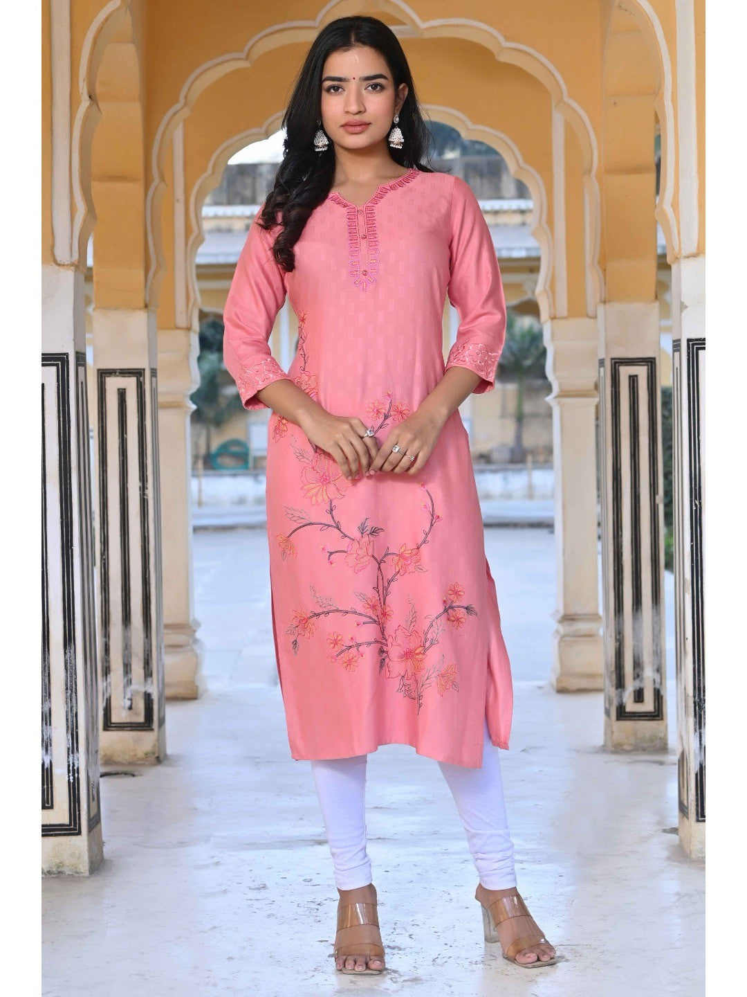 Peach Floral Embroidered Rayon Straight Kurti - Image 6