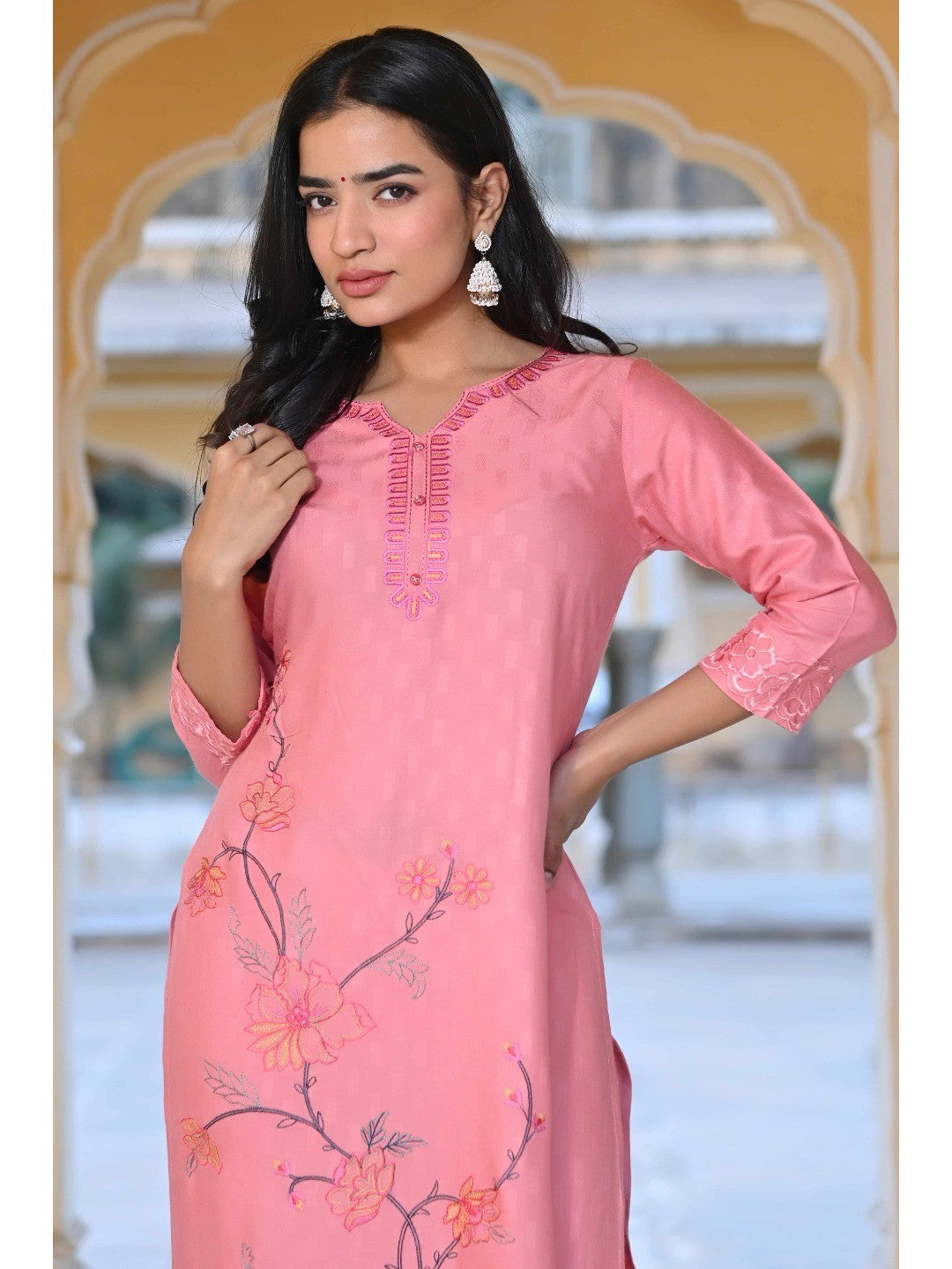 Peach Floral Embroidered Rayon Straight Kurti - Image 2