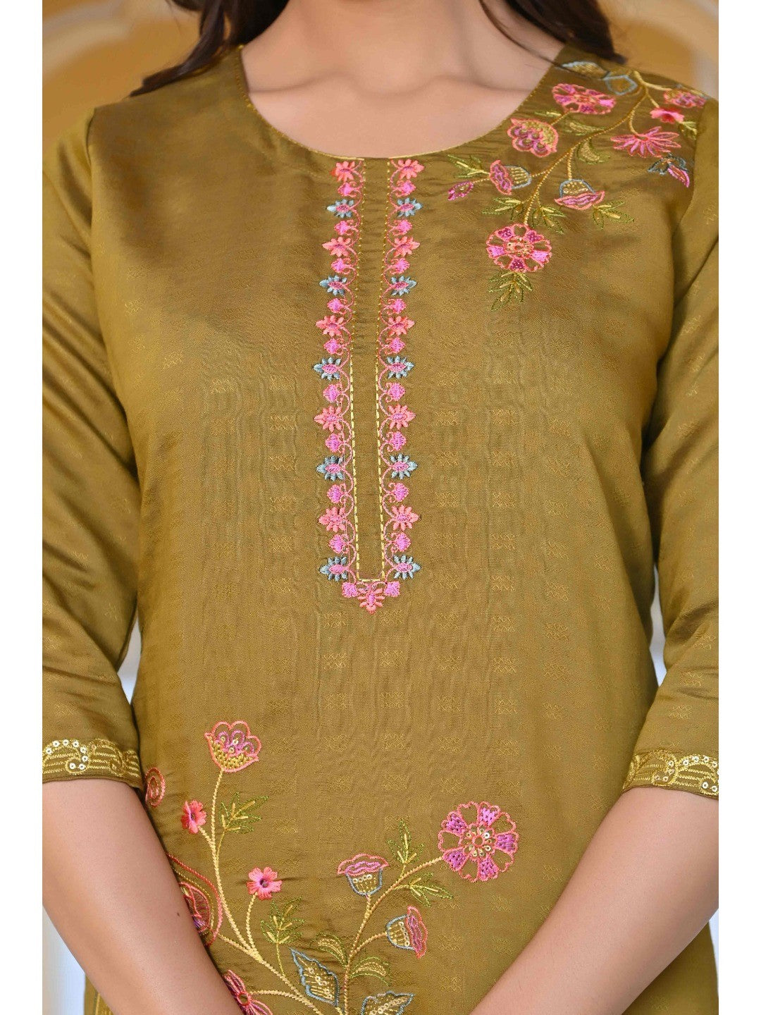 Olive Floral Embroidered Rayon Straight Kurti - Image 1